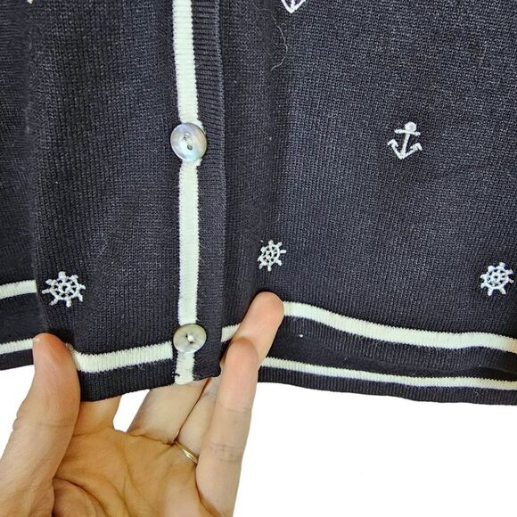 ⚓ ERIN MATTHEWS Vintage Black/White Cardigan Nautical Embroidered Size S⚓ - Picture 4 of 5